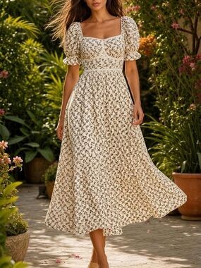 J GEE Ivory Brown Floral Puff Sleeve Smocked Square Neck Midi Dress M